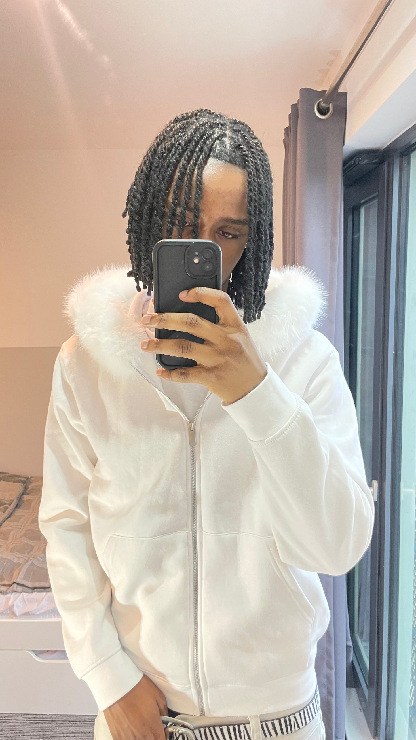 LOS VERC FAUX FUR ZIP HOODIE WHITE