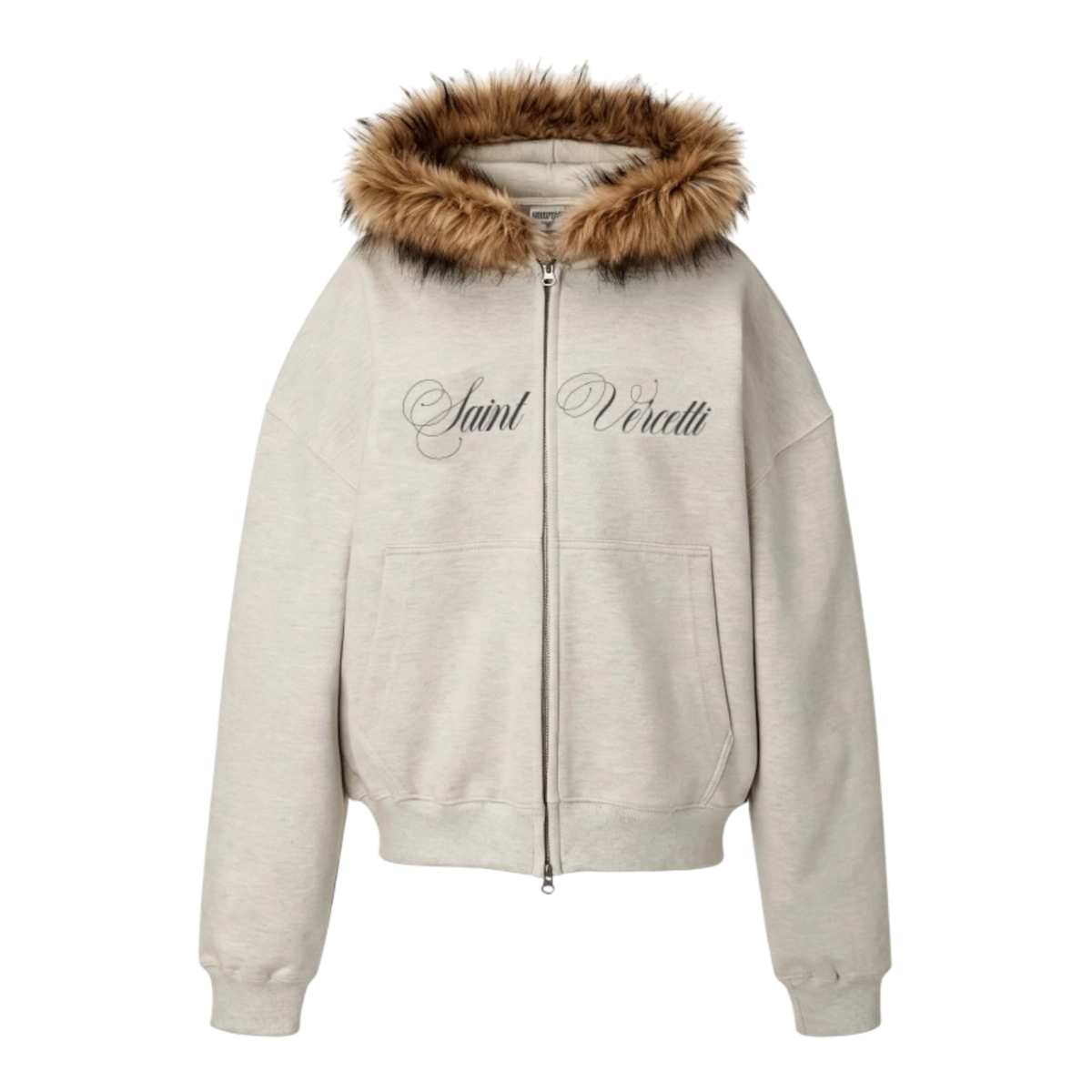 LOS VERC CURSIVE FAUX FUR ZIP HOODIE GREY/CHESTNUT