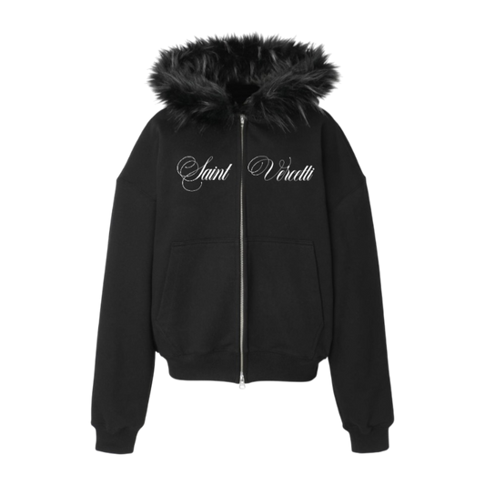 LOS VERC CURSIVE FAUX FUR ZIP HOODIE BLACK