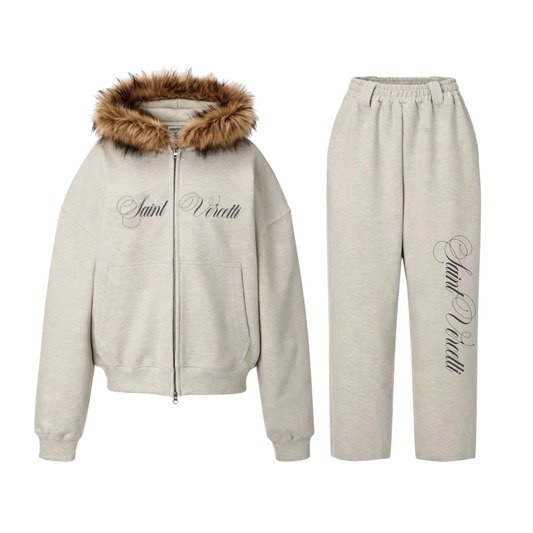 LOS VERC CURSIVE FAUX FUR ZIP TRACKSUIT GREY/BROWN