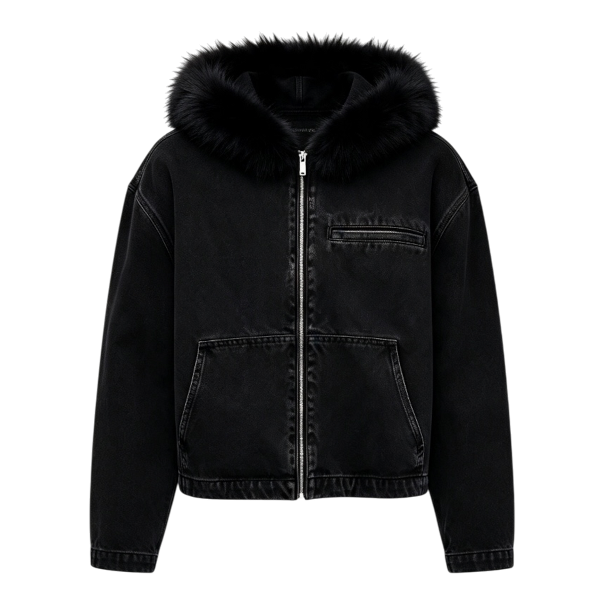 LOS VERC FAUX FUR ZIP UP DENIM JACKET BLACK