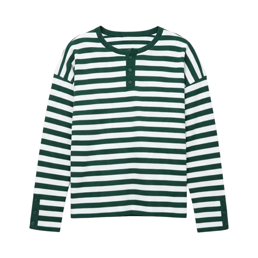 SEIJIN STRIPED LONG SLEEVE HENLEY GREEN