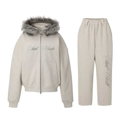 LOS VERC CURSIVE FAUX FUR ZIP TRACKSUIT GREY