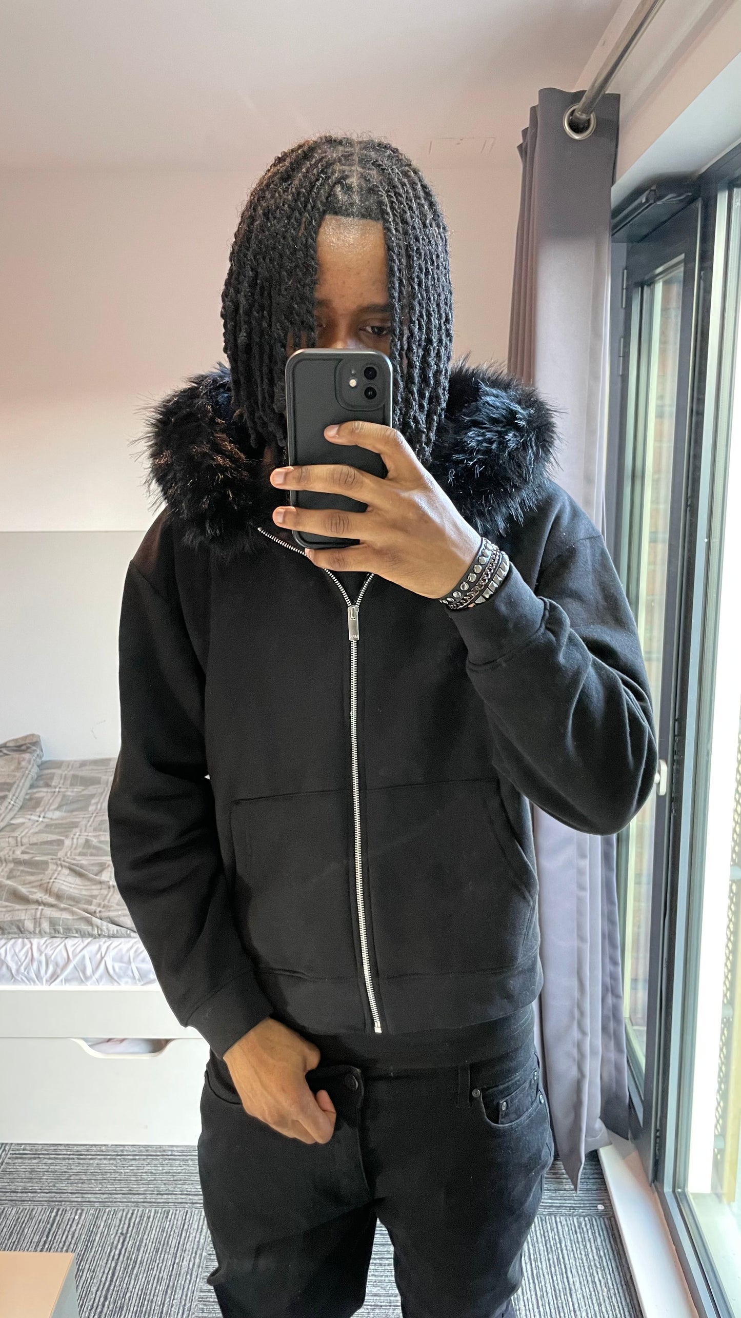 LOS VERC FAUX FUR ZIP HOODIE BLACK/BLACK