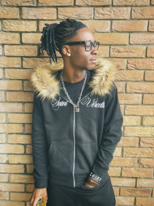 LOS VERC CURSIVE FAUX FUR ZIP HOODIE BLACK/BROWN