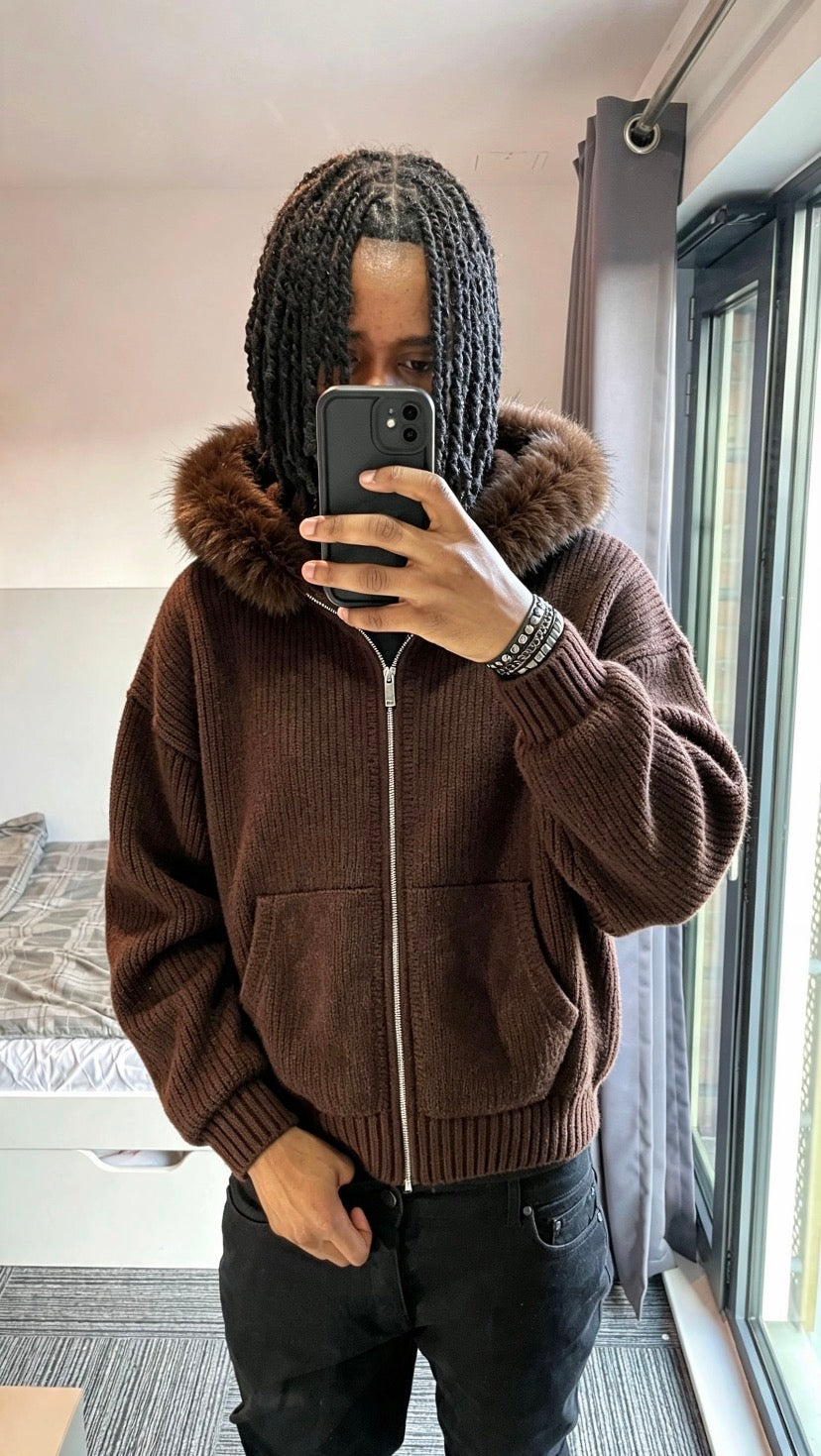 LOS VERC FAUX FUR ZIP UP KNIT JACKET BROWN