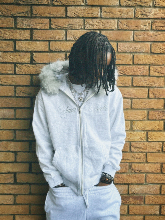 LOS VERC CURSIVE FAUX FUR ZIP HOODIE GREY