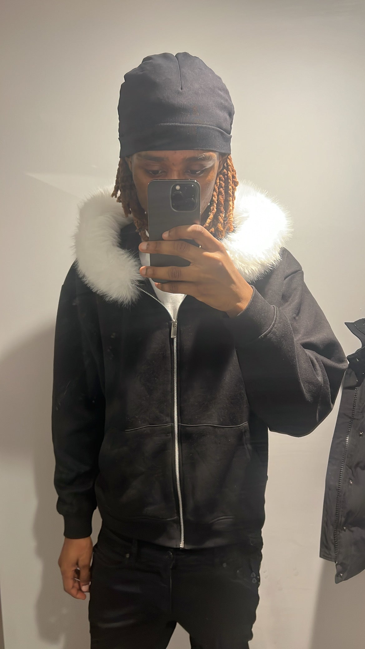 LOS VERC FAUX FUR ZIP UP HOODIE BLACK/WHITE