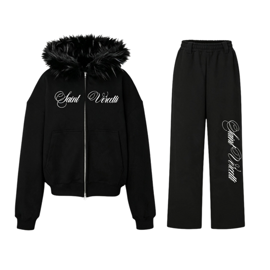 LOS VERC CURSIVE FAUX FUR ZIP TRACKSUIT BLACK