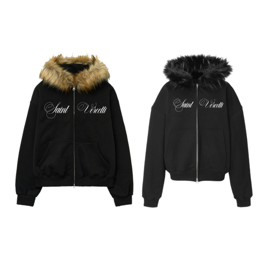 LOS VERC CURSIVE FAUX FUR ZIP HOODIE BLACK
