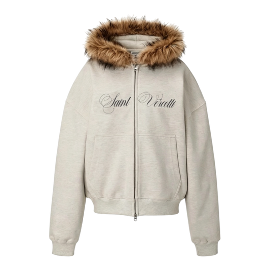 LOS VERC CURSIVE FAUX FUR ZIP TRACKSUIT GREY/BROWN