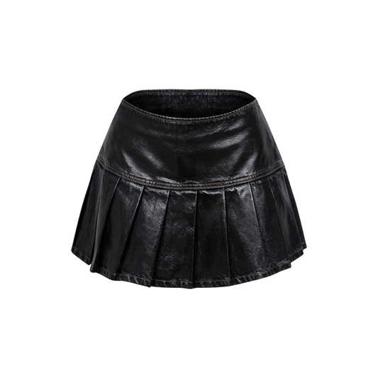 SEIJIN WAXED DENIM MID RISE PLEATED SKIRT BLACK