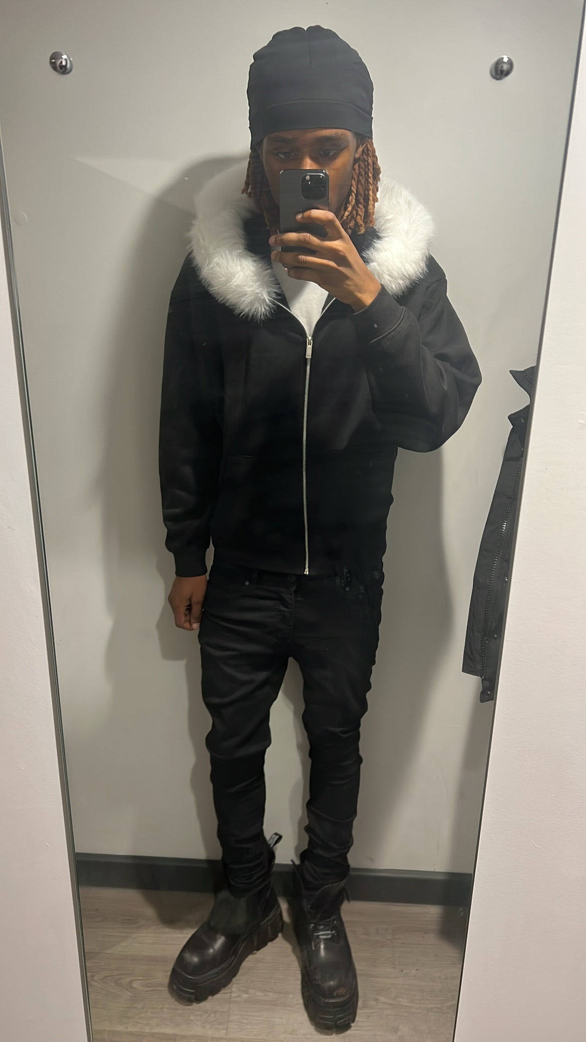 LOS VERC FAUX FUR ZIP UP HOODIE BLACK/WHITE