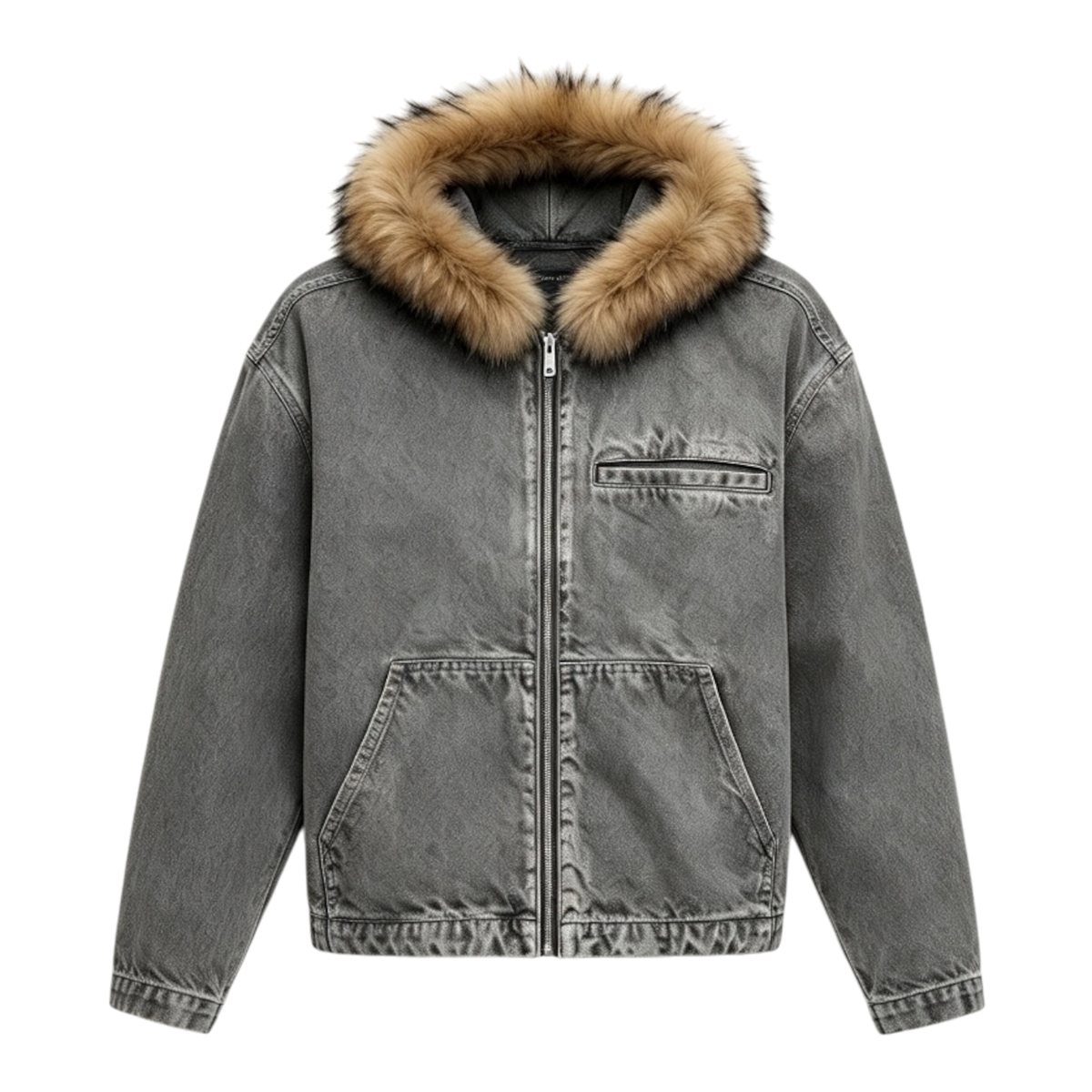 LOS VERC FAUX FUR ZIP UP DENIM JACKET GREY
