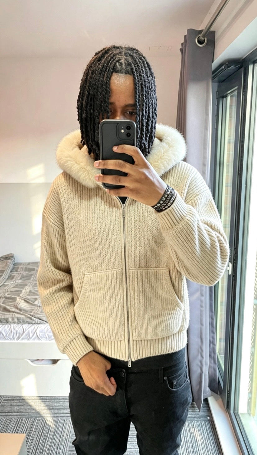 LOS VERC FAUX FUR ZIP UP KNIT JACKET STONE