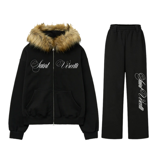 LOS VERC CURSIVE FAUX FUR ZIP TRACKSUIT BLACK/BROWN