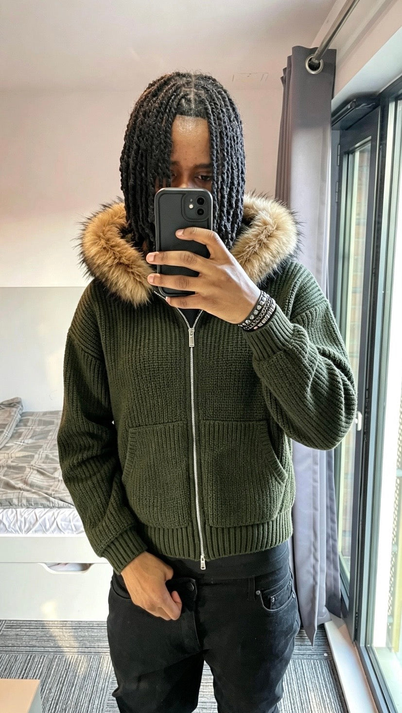 LOS VERC FAUX FUR ZIP UP KNIT JACKET OLIVE