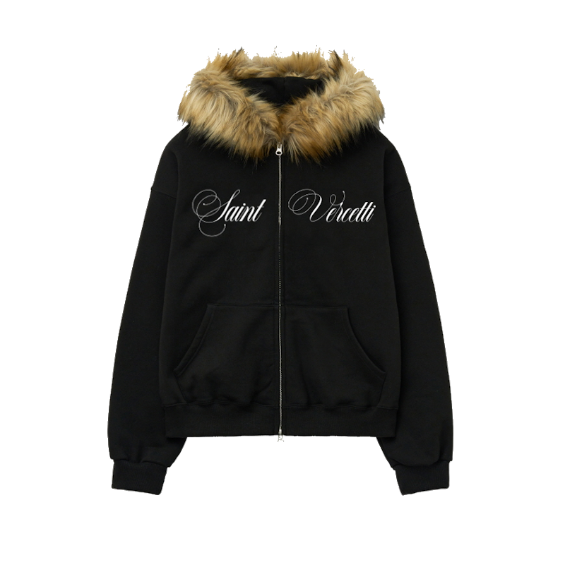 LOS VERC CURSIVE FAUX FUR ZIP HOODIE BLACK/BROWN